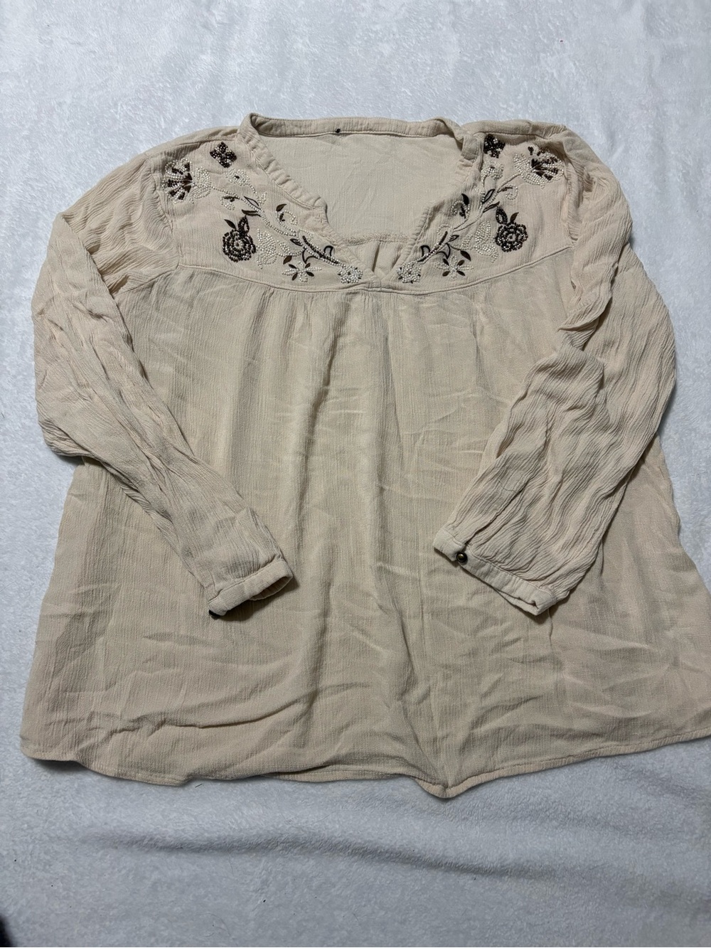 Source Unknown Beige Peasant Blouse with Black Floral Embroidery